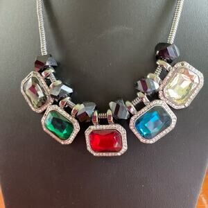 Multicolor rhinestone pendant statement, necklace on gunmetal chain